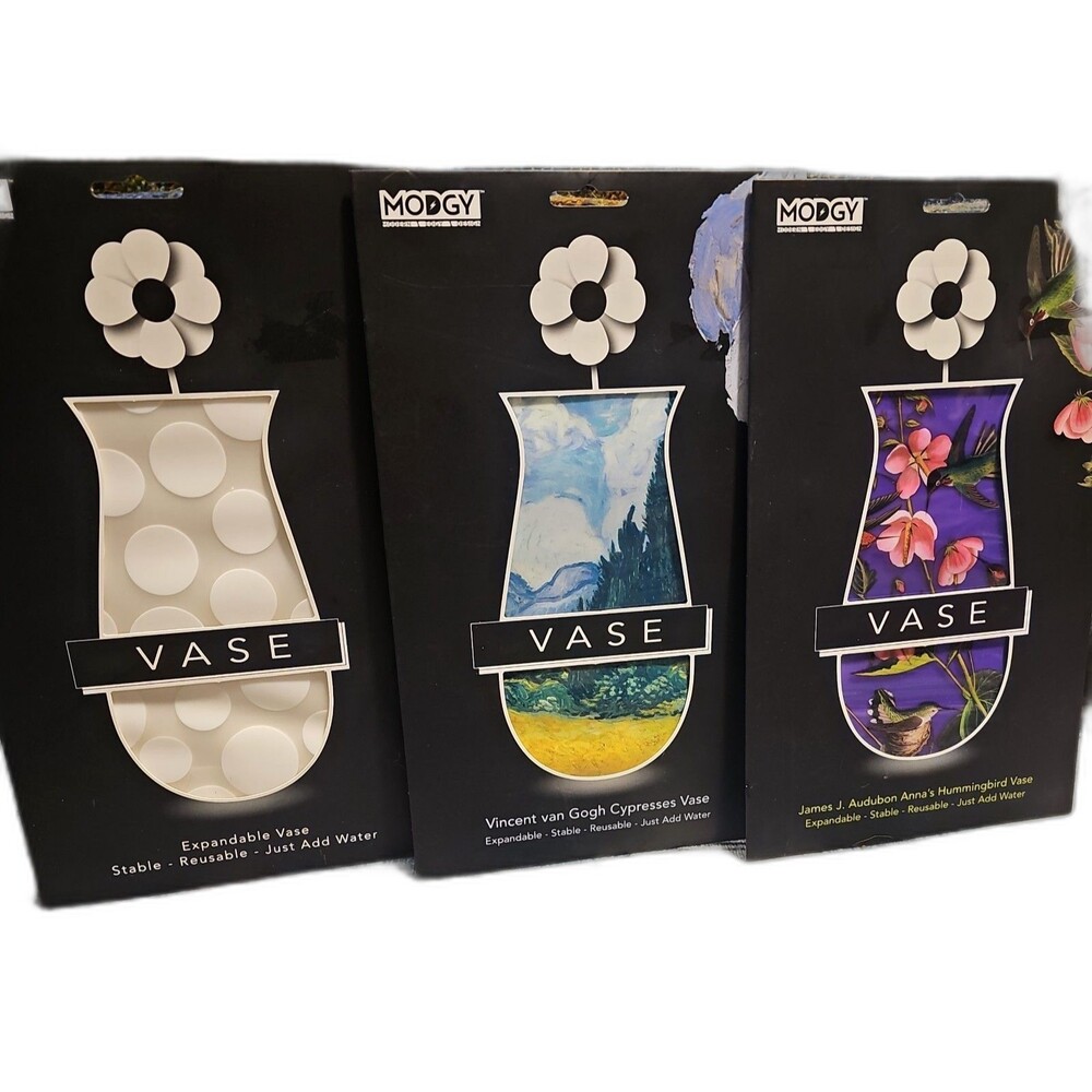 Lot of 3 Modgy Collapsible / Expandable Vases  Van Gogh.  Audubon